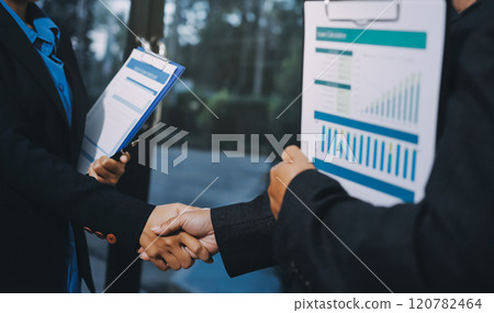 Female hands shaking at group meeting making partnership deal, businesswoman welcoming new partner with handshake as concept of collaboration gratitude respect, women power in business, close up view 120782464