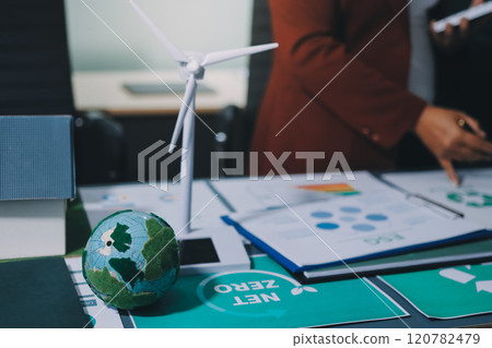 Carbon offset price report CO2 emission. Future growth Net zero waste in ESG ethical SME office protect climate change global warming social issues project. Group of asia people Eco friendly SDGs plan 120782479