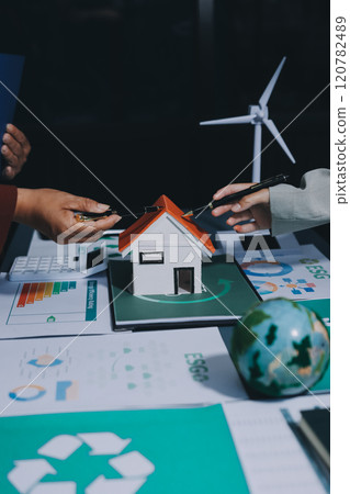 Carbon offset price report CO2 emission. Future growth Net zero waste in ESG ethical SME office protect climate change global warming social issues project. Group of asia people Eco friendly SDGs plan 120782489