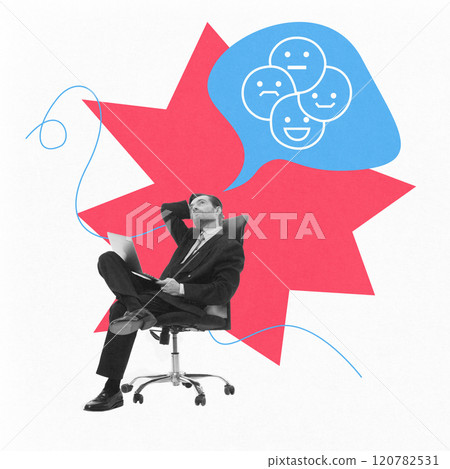 Contemporary art collage. Businessman seated with laptop, contemplating speech bubble featuring emotive expressions, symbolizing customer-centric communication. Contemporary art collage. Businessman seated with laptop, contemplating speech bubble featuring emotive expressions, symbolizing customer-centric communication. 120782531