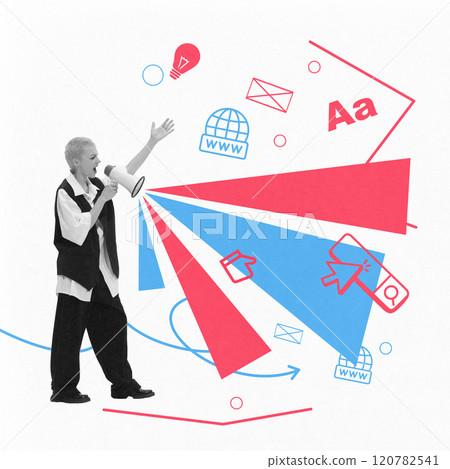 Contemporary art collage. Speaker with megaphone surrounded by colorful digital icons, representing innovative storytelling in content marketing and branding. 120782541
