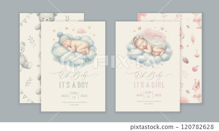 Cute baby shower watercolor invitation card with newborn baby sleeping on cloud. Oh baby calligraphy. Cute baby shower watercolor invitation card with newborn baby sleeping on cloud. Oh baby calligraphy. 120782628