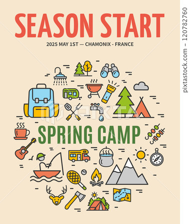 Camping Season Start Spring Camp Concept Vertical Invitation Placard Poster Banner Card Template. Vector 120782760