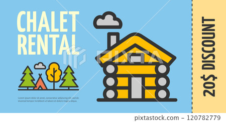 Chalet Rental Camp Concept Horizontal Invitation Placard Poster Banner Card Template. Vector Chalet Rental Camp Concept Horizontal Invitation Placard Poster Banner Card Template. Vector 120782779