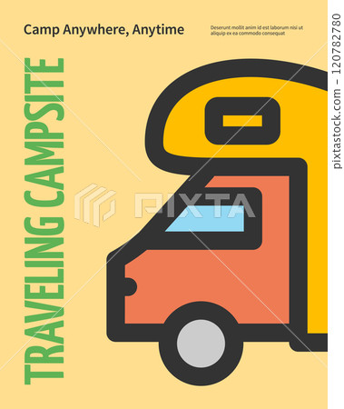 Travelling Campsite with Van Camp Concept Vertical Invitation Placard Poster Banner Card Template. Vector Travelling Campsite with Van Camp Concept Vertical Invitation Placard Poster Banner Card Template. Vector 120782780
