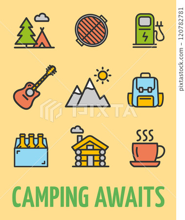 Camping Awaits Camp Concept Vertical Invitation Placard Poster Banner Card Template. Vector 120782781