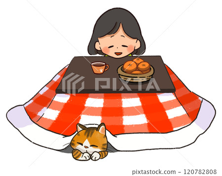 女孩和貓在被爐熱身的插畫剪輯 120782808