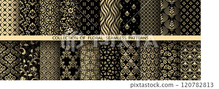 Geometric floral set of seamless patterns. Golden and black vector backgrounds. Damask graphic ornaments. 120782813