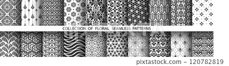 Geometric floral set of seamless patterns. White and black vector backgrounds. Damask graphic ornaments. Geometric floral set of seamless patterns. White and black vector backgrounds. Damask graphic ornaments. 120782819