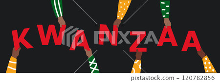 Colorful Kwanzaa celebration banner. African American people holding red letters. Colorful Kwanzaa celebration banner. African American people holding red letters. 120782856