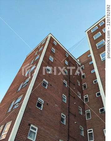 Top Floors of a Highrise Council Block of Flats with Blue Sky Top Floors of a Highrise Council Block of Flats with Blue Sky 120782892