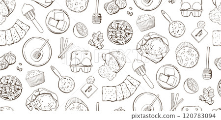 Bakery Cooking Recipe Seamless Vector Pattern in Vintage Style Bakery Cooking Recipe Seamless Vector Pattern in Vintage Style 120783094