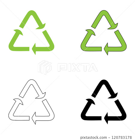 Set of symbols for packaging product design, recycling sign, green black and white recycled materials symbols on white background, ecology concept, set of green recycle icon, rotation arrow symbols Set of symbols for packaging product design, recycling sign, green black and white recycled materials symbols on white background, ecology concept, set of green recycle icon, rotation arrow symbols 120783178