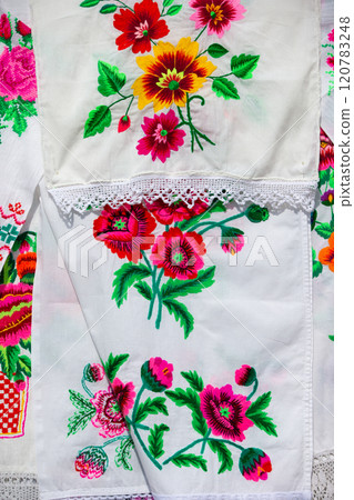 Slavic embroidered towels with ethnic patterns. National Belarusian or Ukrainian pattern on fabric. 120783248