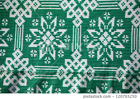 Slavic embroidered towels with ethnic patterns. National Belarusian or Ukrainian pattern on fabric. 120783250
