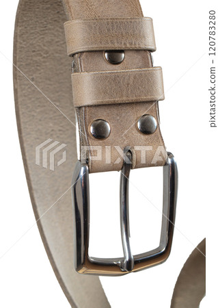 Part of a leather belt with a metal buckle close-up isolated on a white background. 120783280