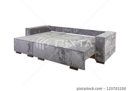 Gray unfolded sofa with velor fabric pillows isolated on a white background. Cushioned furniture. 120783288