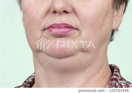 Half of the face with wrinkles of an elderly woman. Wrinkled lips of a mature woman. Signs of skin aging after 50 years. Half of the face with wrinkles of an elderly woman. Wrinkled lips of a mature woman. Signs of skin aging after 50 years. 120783446