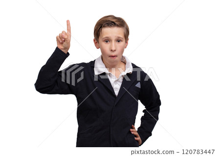 A schoolboy boy raised his finger up. A concept is an idea. A schoolboy boy raised his finger up. A concept is an idea. 120783447