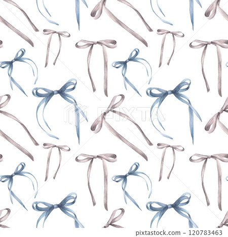 Bows and ribbons watercolor seamless pattern. Girly sweet coquette style trend. Girls cute blue, grey hair styles for wallpaper, package, fabric. Hand drawn illustration on isolated white background 120783463