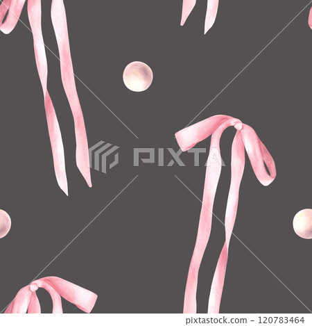 Pink silk bow with rose pearls seamless pattern. Watercolor cute hair ribbon, Girl coquette style fabric. Hairstyles gift product packaging, wallpaper. Hand drawn illustration Isolated dark background 120783464