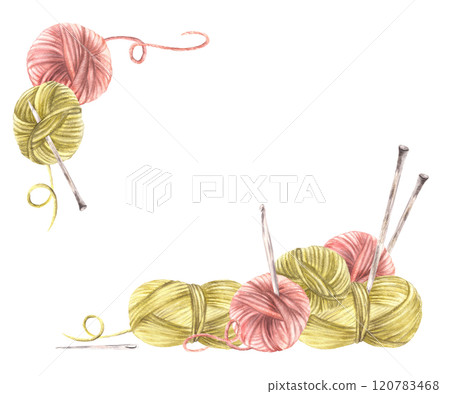 Balls of yarn threads banner Watercolor hand drawn illustration. Realistic green, pink skeins of string with knitting needles. Hobby knitting, handicrafts card, label template isolated from background 120783468