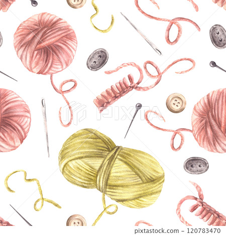 Knitting, needlework seamless pattern. Skeins of yarn, wooden and needles, pins, buttons. Balls of wool Crocheted, knitted hobby fabric, packaging. Watercolor painted illustration Isolated background 120783470