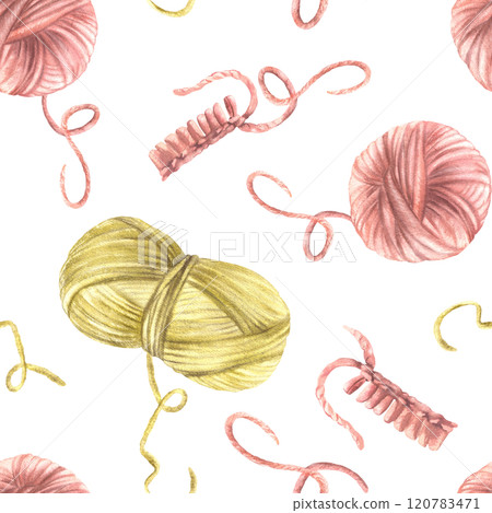 A ball of yarn, skein of knitting thread seamless pattern. Pink, red yellow green pastel coloured knitted or crocheted items. Hand drawn illustration for knitters, needlework isolated from background A ball of yarn, skein of knitting thread seamless pattern. Pink, red yellow green pastel coloured knitted or crocheted items. Hand drawn illustration for knitters, needlework isolated from background 120783471
