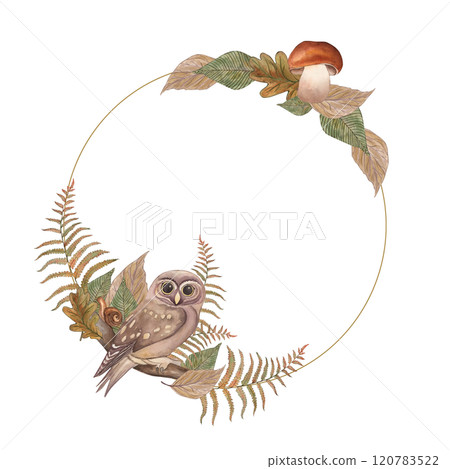 A round frame with autumn leaves, branches and an owl. The illustration with plants and a bird is hand-painted in watercolor in a botanical style in brown, yellow, and green shades. For postcards 120783522