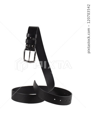 A black leather belt with a metal buckle is beautifully curved and isolated on a white background. A black leather belt with a metal buckle is beautifully curved and isolated on a white background. 120783542