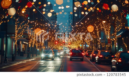 A road at night full with cars decorated with festive lights along the road. AI generated. 120783545