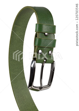 Green leather belt with metal buckle close-up on a white background. 120783546