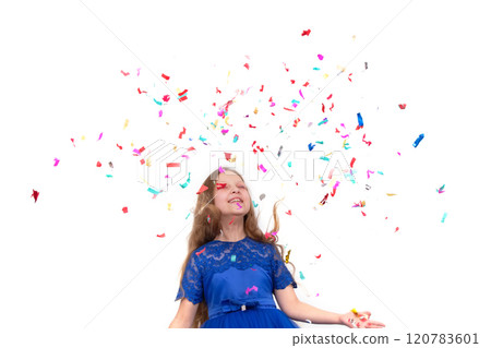 Little happy girl throwing colorful confetti on a white background. 120783601