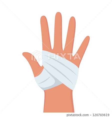 Hand with bandage. First aid, protection in case of burn of skin, physical trauma, wound. Clean bandage, patch. Injury human hand. Vector illustration. 120783619