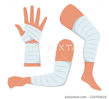 Bandaged arms and legs. Set of medical bandages elastic bandages. Elements of health care, first aid. Vector illustration. Bandaged arms and legs. Set of medical bandages elastic bandages. Elements of health care, first aid. Vector illustration. 120783628