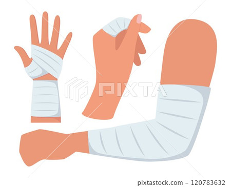 Bandaged arms and legs. Set of medical bandages elastic bandages. Elements of health care, first aid. Vector illustration. Bandaged arms and legs. Set of medical bandages elastic bandages. Elements of health care, first aid. Vector illustration. 120783632