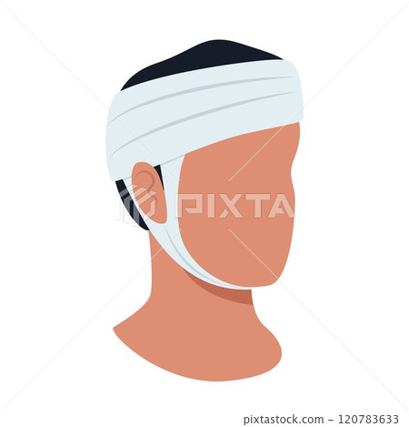 Head injury patient. Man in head accident with bandage on his head. First aid. Vector illustration. 120783633