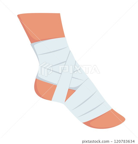 Bandaged foot. Medical elastic bandage. Element of health care, first aid. Vector illustration. Bandaged foot. Medical elastic bandage. Element of health care, first aid. Vector illustration. 120783634