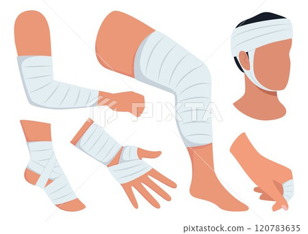 Bandaged arms and legs. Set of medical bandages elastic bandages. Elements of health care, first aid. Vector illustration. Bandaged arms and legs. Set of medical bandages elastic bandages. Elements of health care, first aid. Vector illustration. 120783635