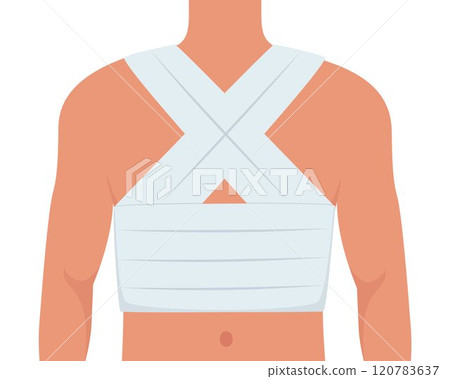 Man with bandaged chest. Fracture treatment, bandaged chest. Healthcare, injury, medicine, trauma, accident concept. Vector illustration. 120783637