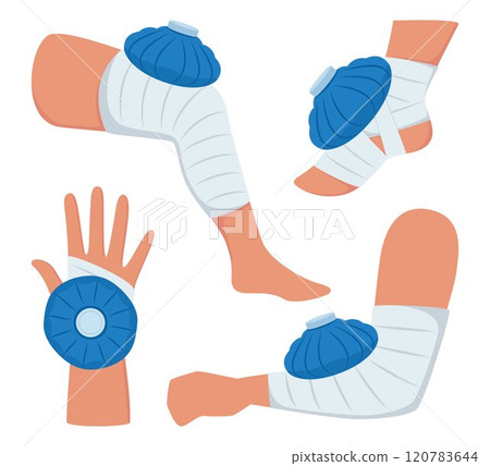 Foot, hand, arm, leg with ice pack applied to injured area to reduce inflammation and alleviate pain. First aid. Vector illustration. 120783644