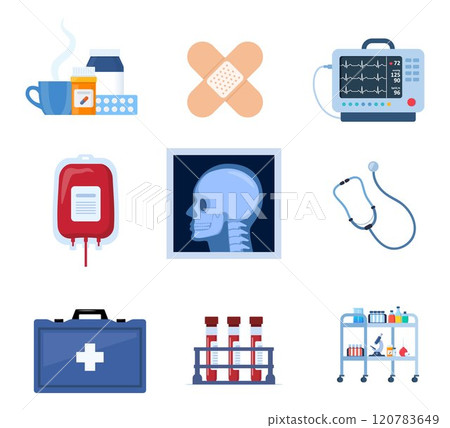 Health care and medical icon set. Hospital tools, drugs, equipment, furniture for treatment and diagnosis. Emergency, illness, ambulance, first aid. Vector. 120783649