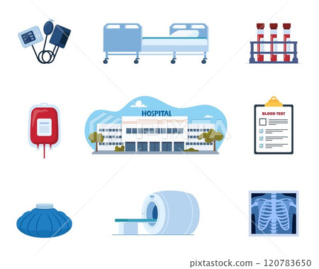 Health care and medical icon set. Hospital tools, drugs, equipment, furniture for treatment and diagnosis. Emergency, illness, ambulance, first aid. Vector. 120783650