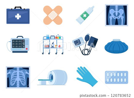 Health care and medical icon set. Hospital tools, drugs, equipment, furniture for treatment and diagnosis. Emergency, illness, ambulance, first aid. Vector. 120783652