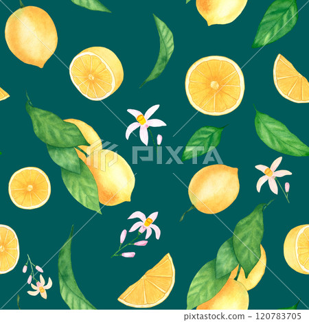 Watercolor seamless pattern with lemons and foliage on a dark background. 120783705