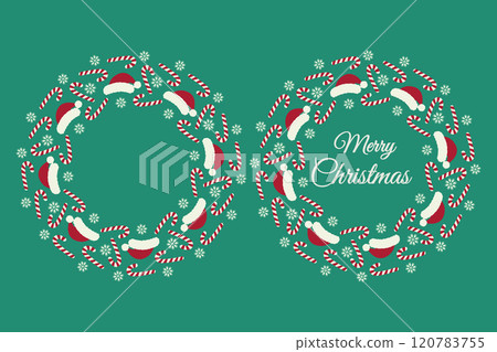 Santa caps, Striped Candy cane and snowflakes and Merry Christmas lettering. Circle Frames Set 2 Santa caps, Striped Candy cane and snowflakes and Merry Christmas lettering. Circle Frames Set 2 120783755