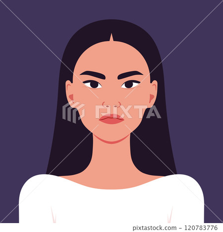 Young Asian woman feels anger. Angry Asian female portrait avatar. Facial expression. Vector illustration Young Asian woman feels anger. Angry Asian female portrait avatar. Facial expression. Vector illustration 120783776