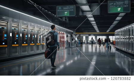 traveler using a locker system in a contemporary train station or airport terminal 120783882
