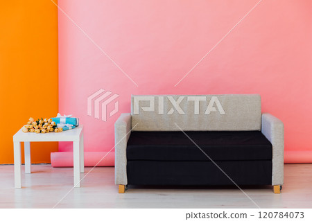 office sofa and flowers by pink orange wall office sofa and flowers by pink orange wall 120784073