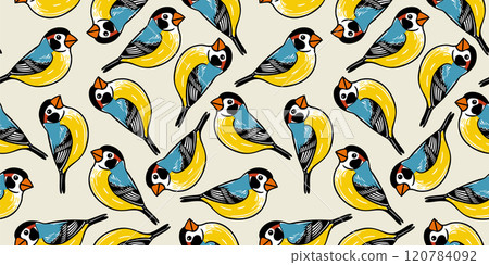 Vector seamless pattern with colorful cute titmouses on light beige background Vector seamless pattern with colorful cute titmouses on light beige background 120784092